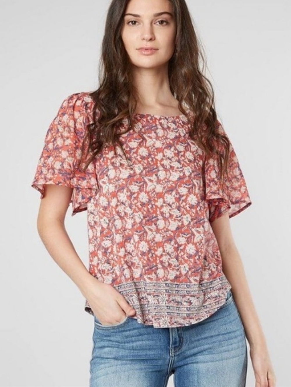 Lucky Brand Rust Floral Flutter-Sleeve Blouse